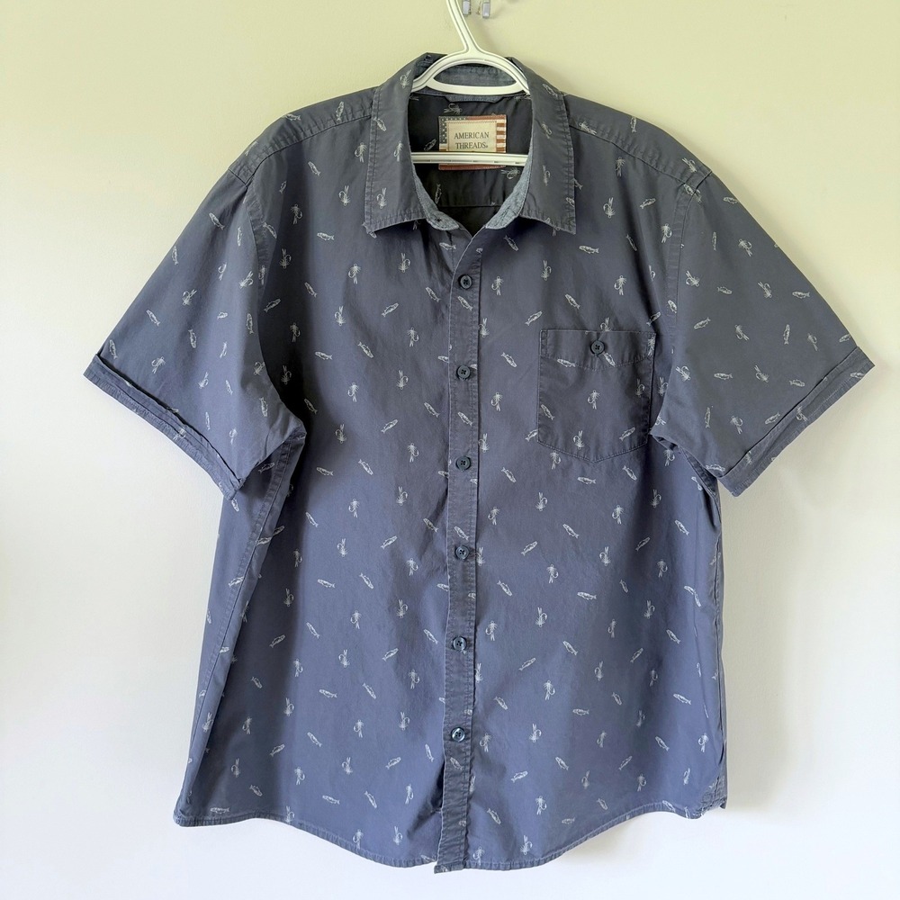 American Threads Mens Fishing Fly Trout Print Short‎ Sleeve Button Down Shirt XL